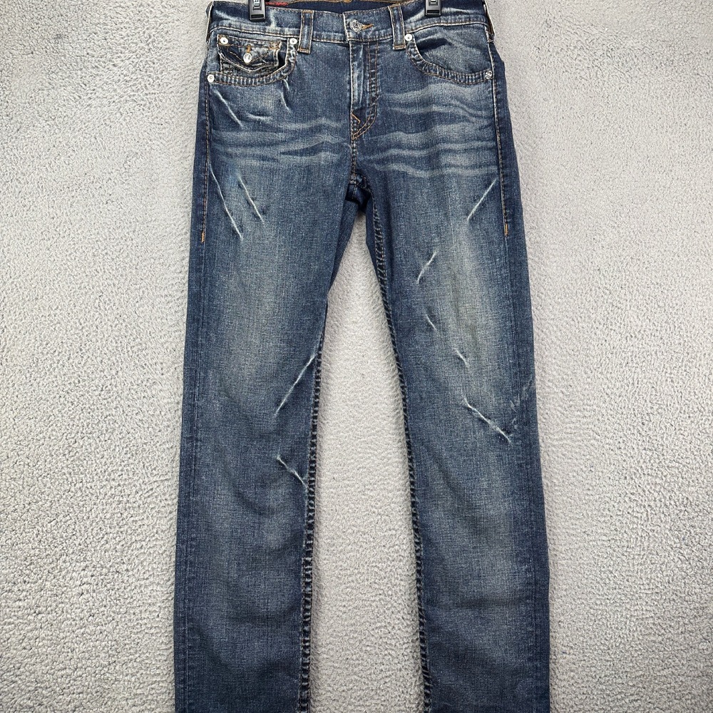 True Religion Slim Straight Jeans Mens 33 Blue Distressed Stretch Denim Pants